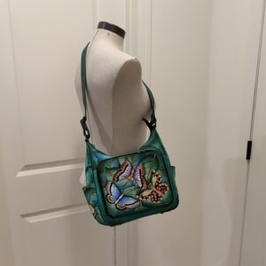Anuschka hand-painted genuine leather hobo Green Butterfly Print Women's HoboBag